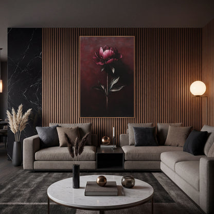 Garnet Peony Shadowcast Gradient Moody wall art in an elegant modern room – single garnet peony with silvery-gray