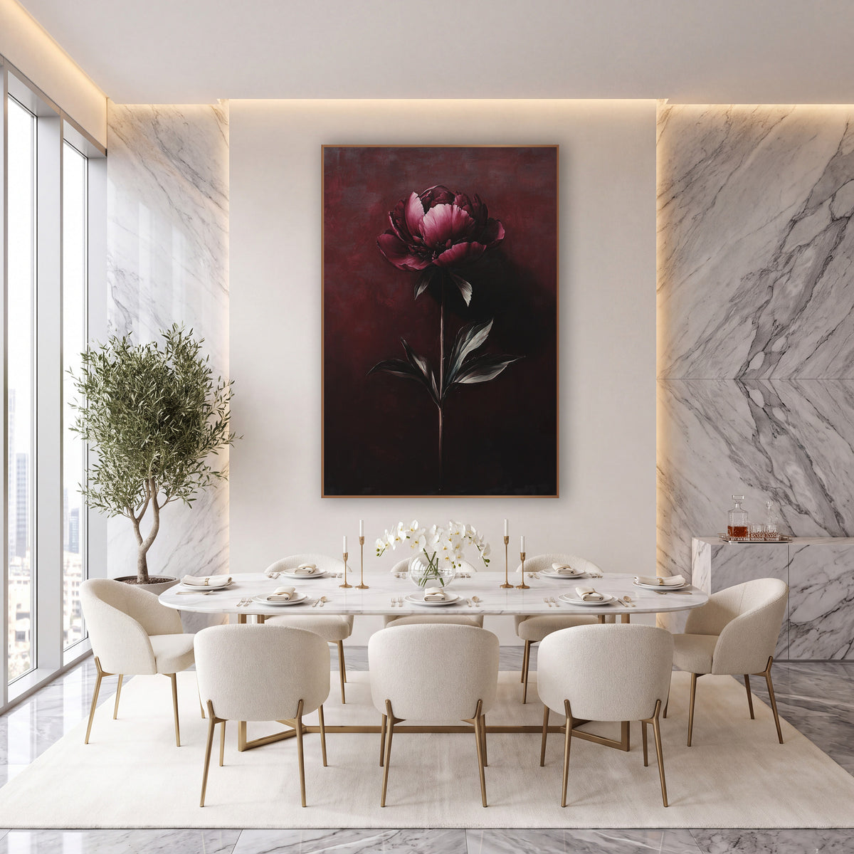 Garnet Peony Shadowcast Gradient Moody wall art in an elegant modern room – single garnet peony with silvery-gray