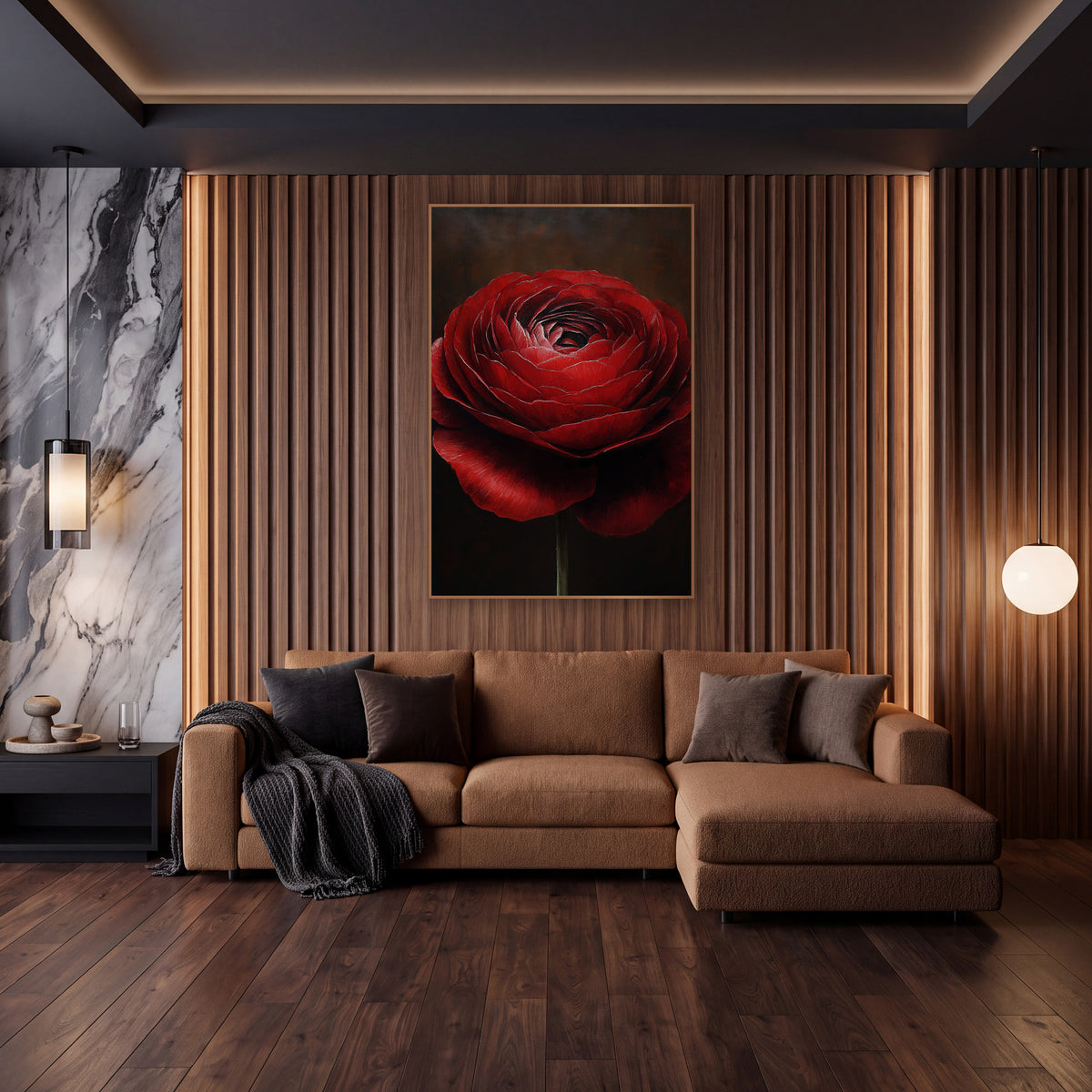 Garnet Ranunculus Solo Stem Oil wall art in an elegant modern room – close view of a deep red ranunculus with layered