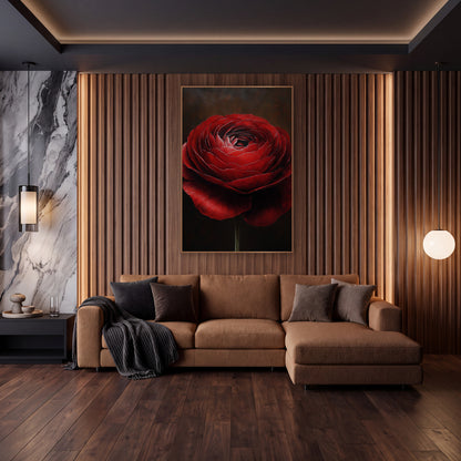 Garnet Ranunculus Solo Stem Oil wall art in an elegant modern room – close view of a deep red ranunculus with layered
