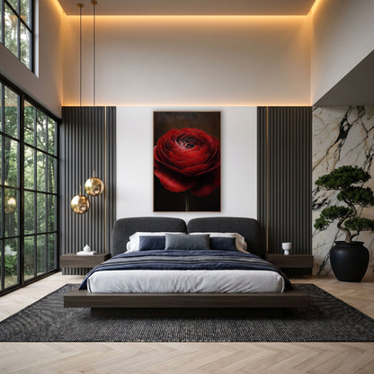 Garnet Ranunculus Solo Stem Oil wall art in an elegant modern room – close view of a deep red ranunculus with layered