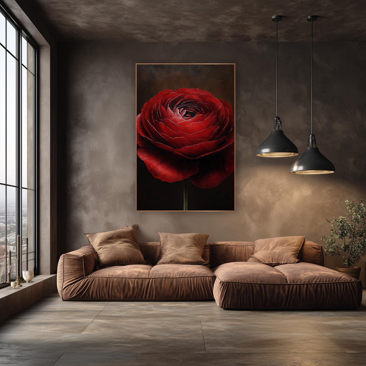 Garnet Ranunculus Solo Stem Oil wall art in an elegant modern room – close view of a deep red ranunculus with layered