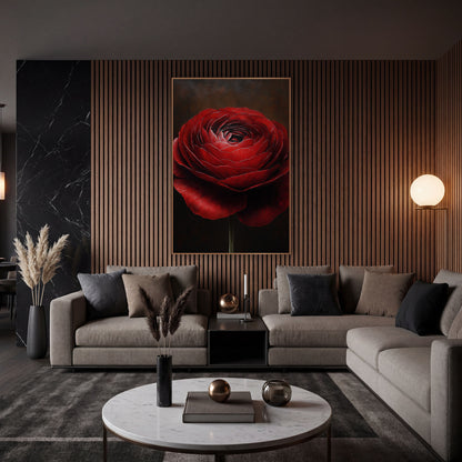 Garnet Ranunculus Solo Stem Oil wall art in an elegant modern room – close view of a deep red ranunculus with layered