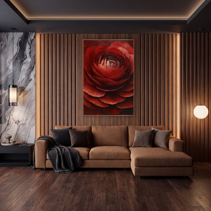 Crimson Ranunculus Immersion Closeup Painterly wall art in an elegant modern room – close-up of a garnet red