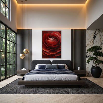 Crimson Ranunculus Immersion Closeup Painterly wall art in an elegant modern room – close-up of a garnet red