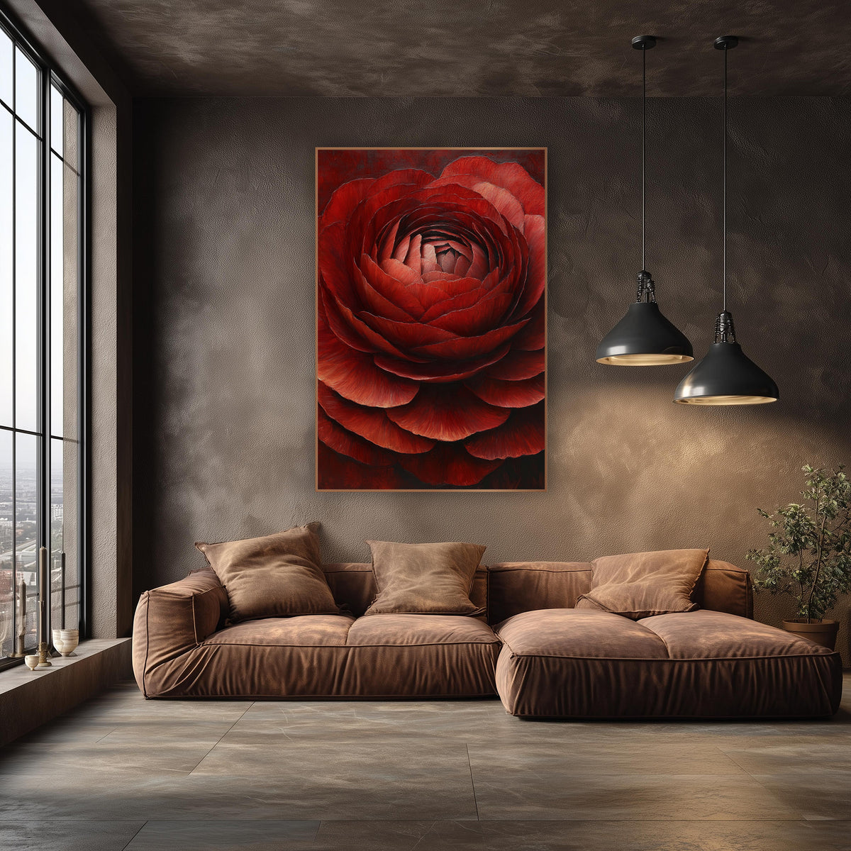 Crimson Ranunculus Immersion Closeup Painterly wall art in an elegant modern room – close-up of a garnet red