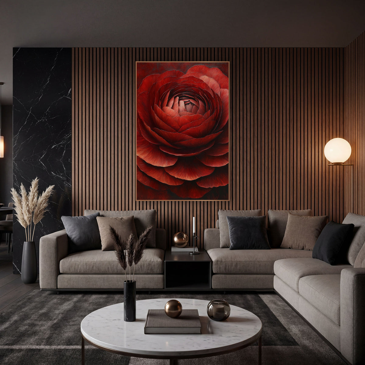 Crimson Ranunculus Immersion Closeup Painterly wall art in an elegant modern room – close-up of a garnet red