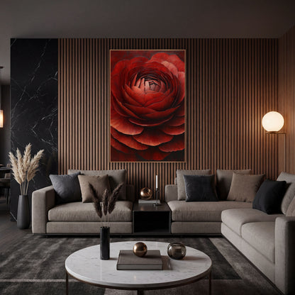 Crimson Ranunculus Immersion Closeup Painterly wall art in an elegant modern room – close-up of a garnet red