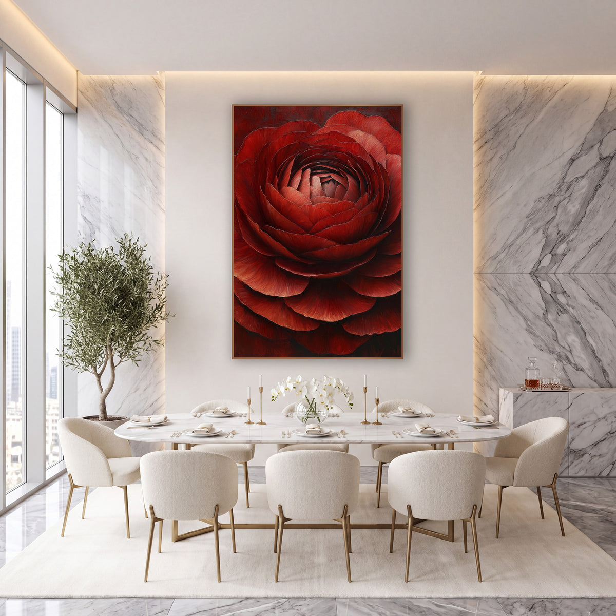 Crimson Ranunculus Immersion Closeup Painterly wall art in an elegant modern room – close-up of a garnet red