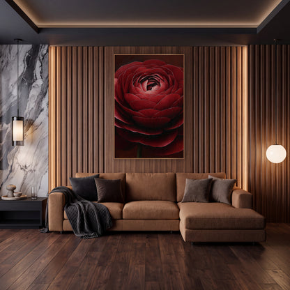 Claret Ranunculus Spiral Petals Moody wall art in an elegant modern room – close view of a large garnet red ranunculus