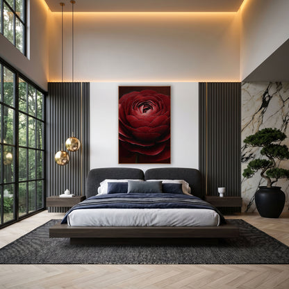 Claret Ranunculus Spiral Petals Moody wall art in an elegant modern room – close view of a large garnet red ranunculus