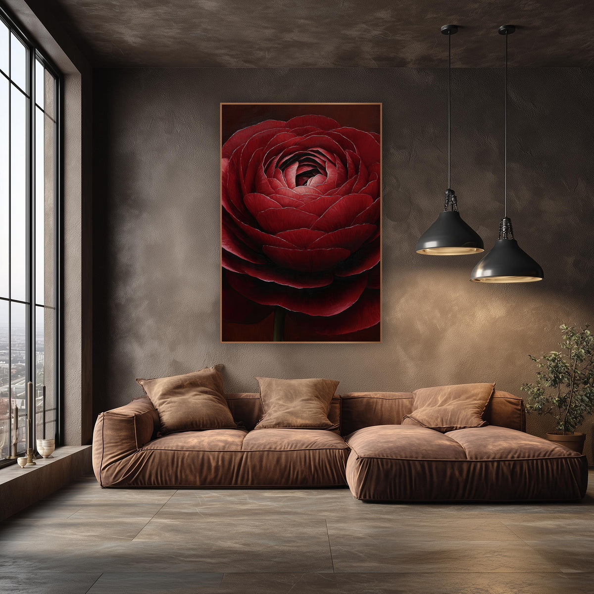 Claret Ranunculus Spiral Petals Moody wall art in an elegant modern room – close view of a large garnet red ranunculus