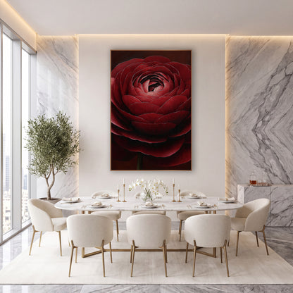 Claret Ranunculus Spiral Petals Moody wall art in an elegant modern room – close view of a large garnet red ranunculus