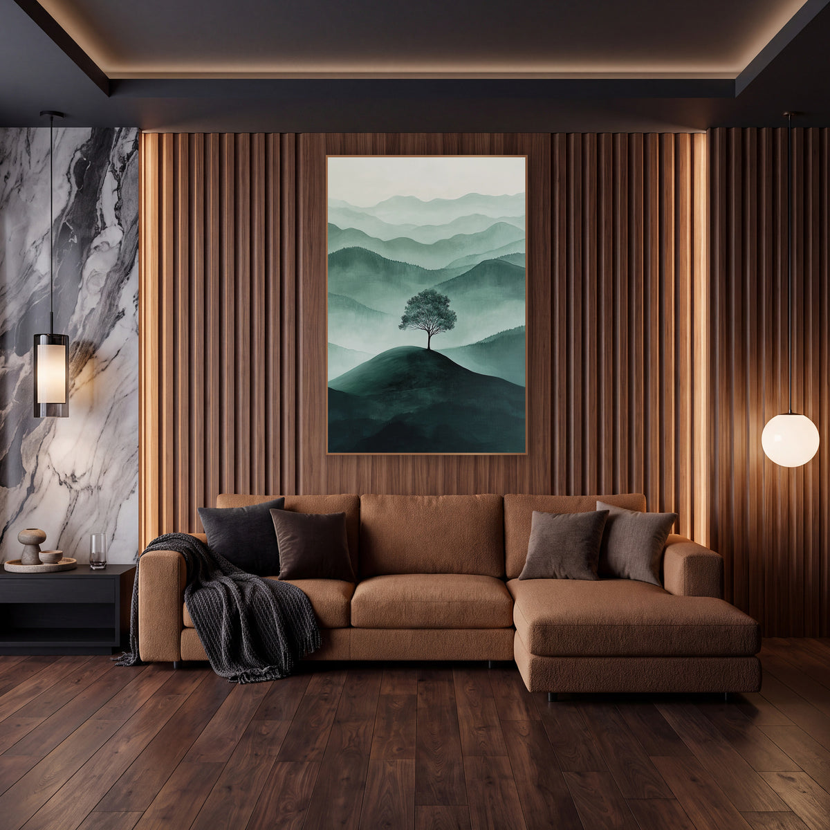 Lone Tree Hilltop Serene Modern wall art in an elegant modern room – single tree on a dark green hilltop with layered