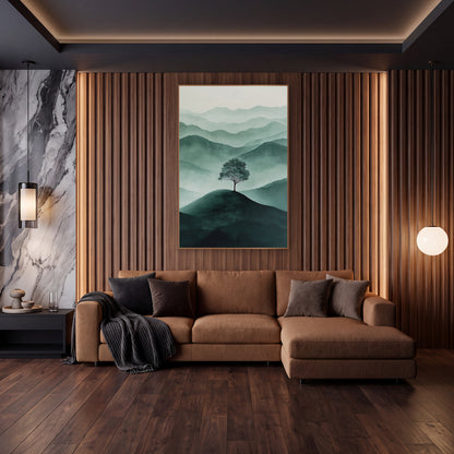 Lone Tree Hilltop Serene Modern wall art in an elegant modern room – single tree on a dark green hilltop with layered