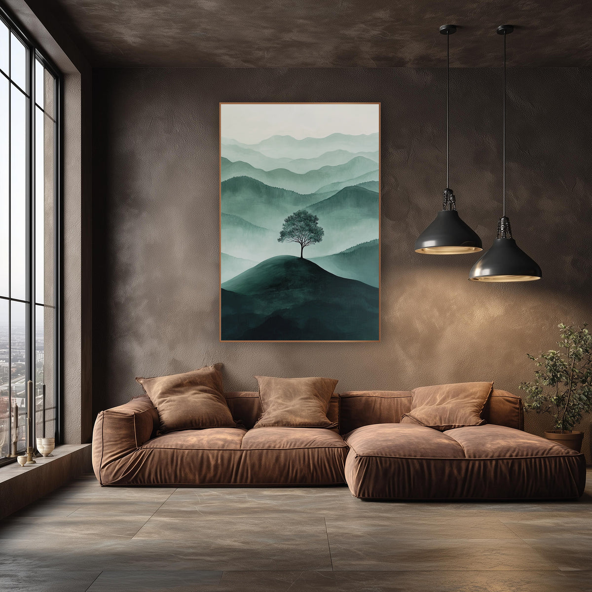 Lone Tree Hilltop Serene Modern wall art in an elegant modern room – single tree on a dark green hilltop with layered