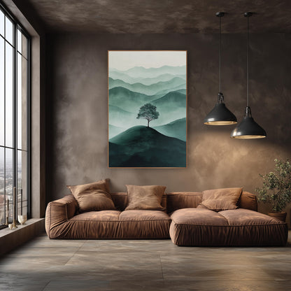 Lone Tree Hilltop Serene Modern wall art in an elegant modern room – single tree on a dark green hilltop with layered