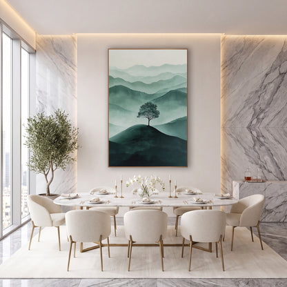 Lone Tree Hilltop Serene Modern wall art in an elegant modern room – single tree on a dark green hilltop with layered