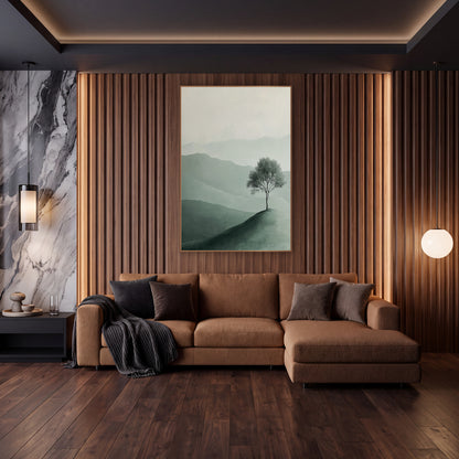 Sage Slope Sapling Minimalist Landscape wall art in an elegant modern room – lone leafy tree on a green hilltop