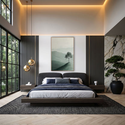 Sage Slope Sapling Minimalist Landscape wall art in an elegant modern room – lone leafy tree on a green hilltop
