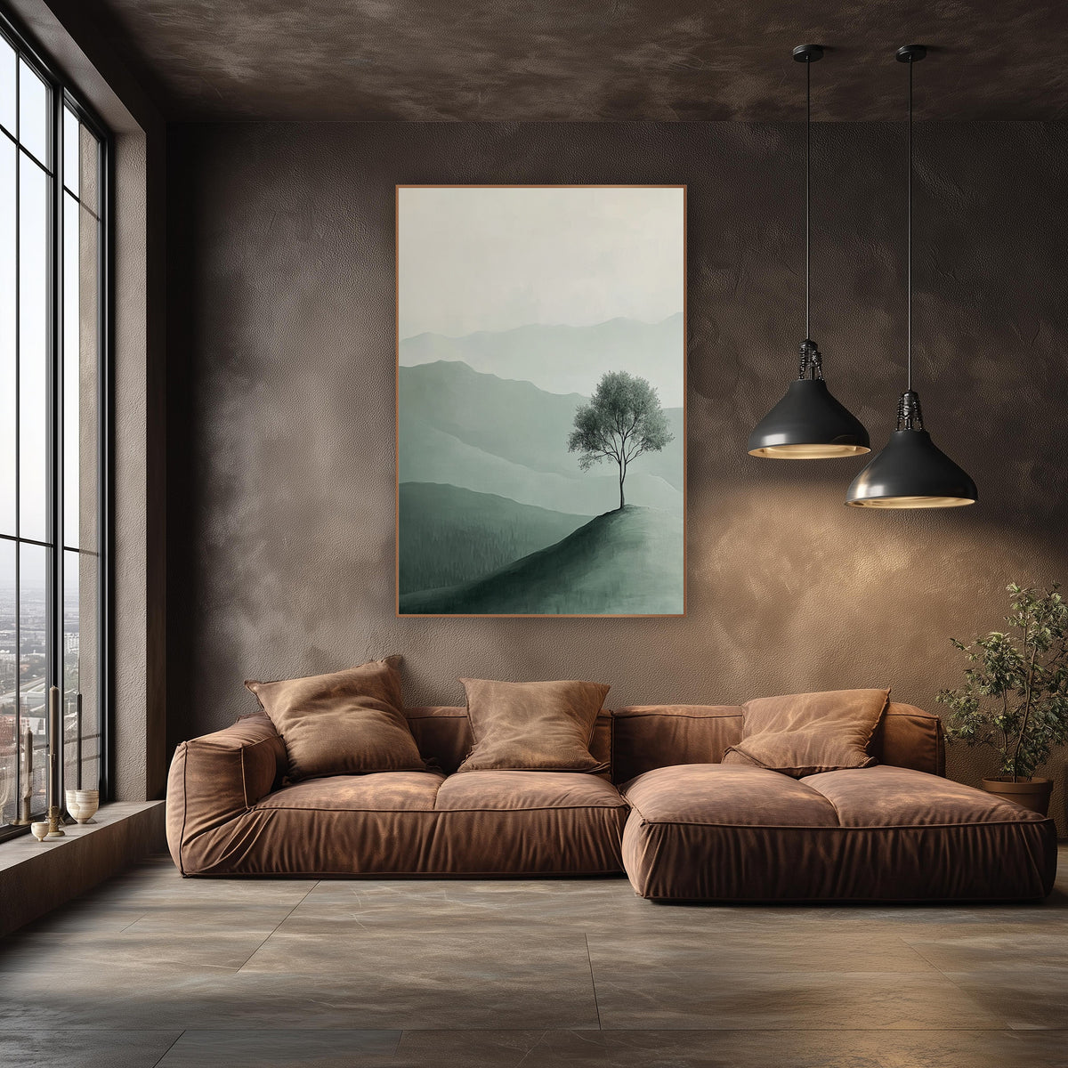 Sage Slope Sapling Minimalist Landscape wall art in an elegant modern room – lone leafy tree on a green hilltop