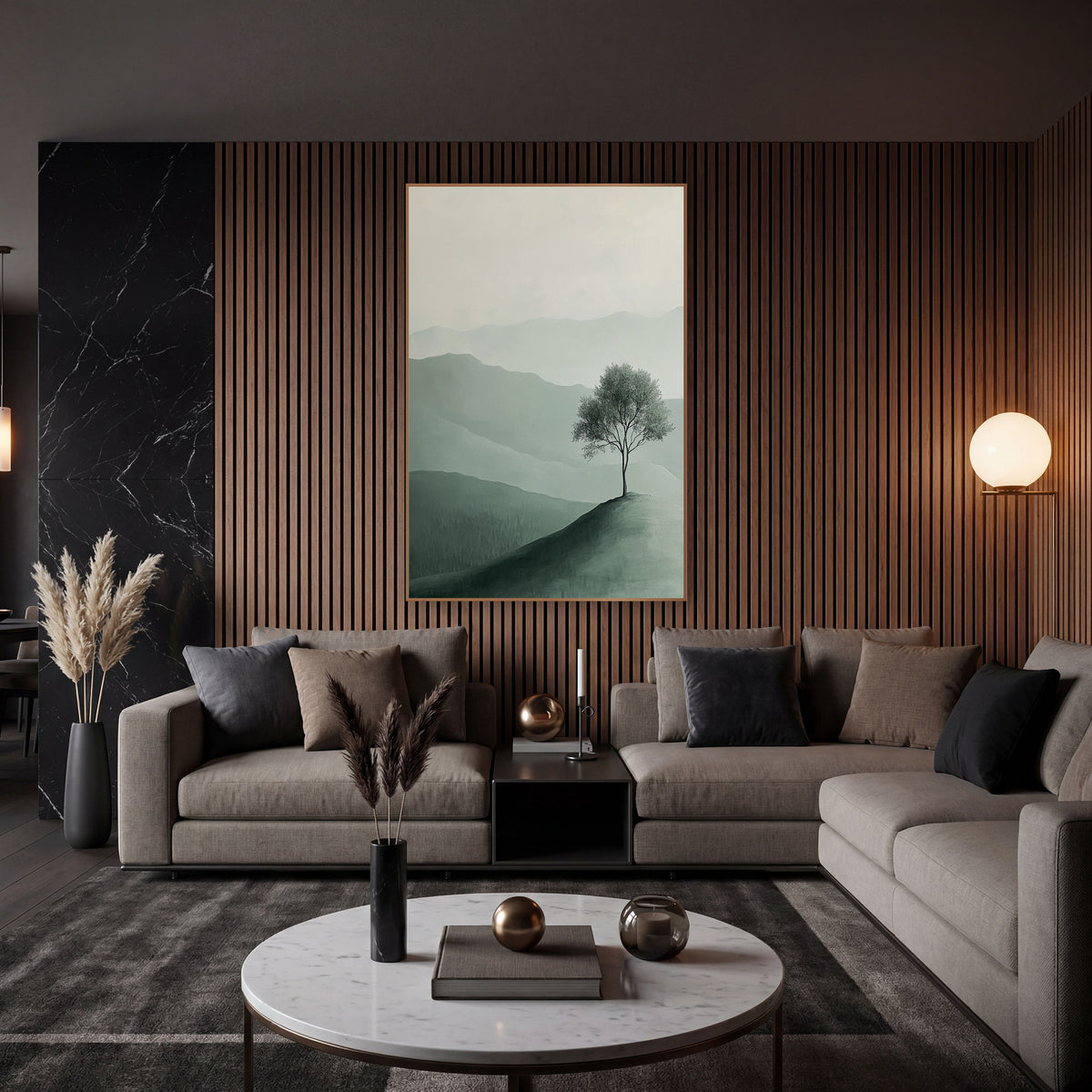 Sage Slope Sapling Minimalist Landscape wall art in an elegant modern room – lone leafy tree on a green hilltop