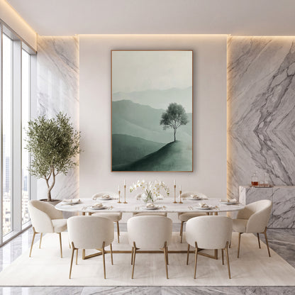 Sage Slope Sapling Minimalist Landscape wall art in an elegant modern room – lone leafy tree on a green hilltop