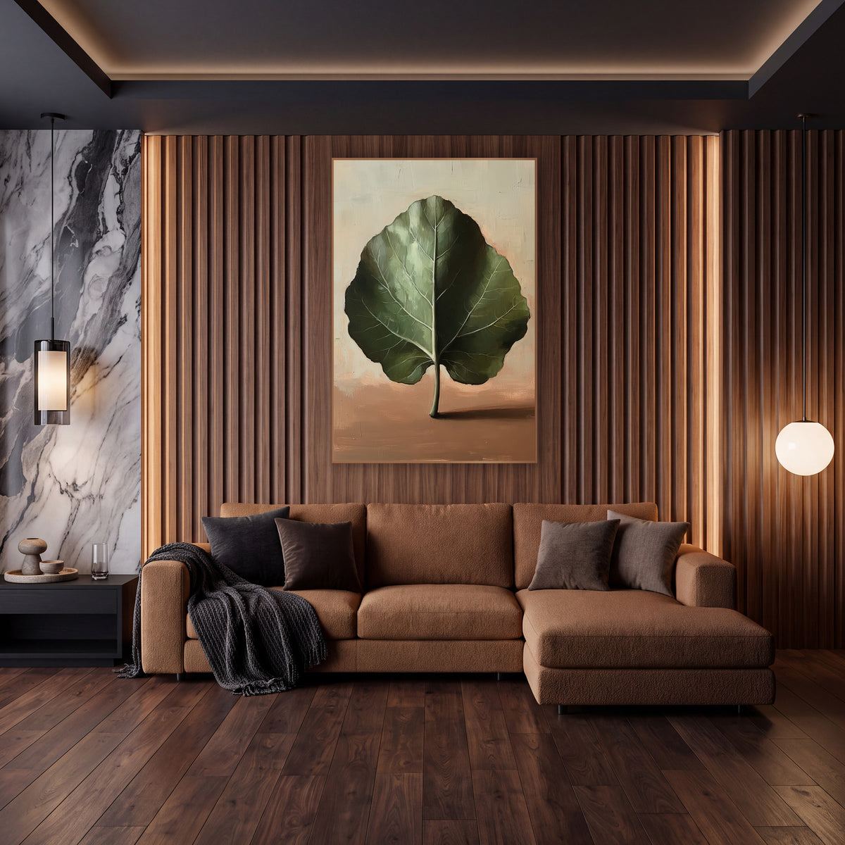 Standing Green Leaf Still Life wall art in an elegant modern room – single large green fig leaf standing upright