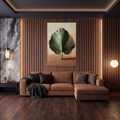 Standing Green Leaf Still Life wall art in an elegant modern room – single large green fig leaf standing upright
