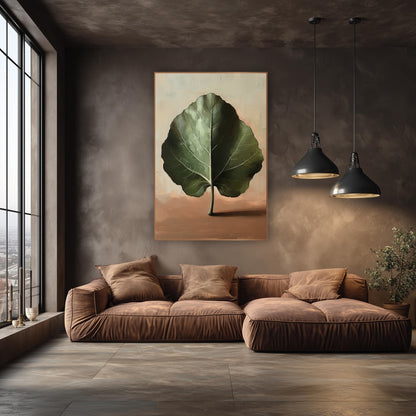Standing Green Leaf Still Life wall art in an elegant modern room – single large green fig leaf standing upright