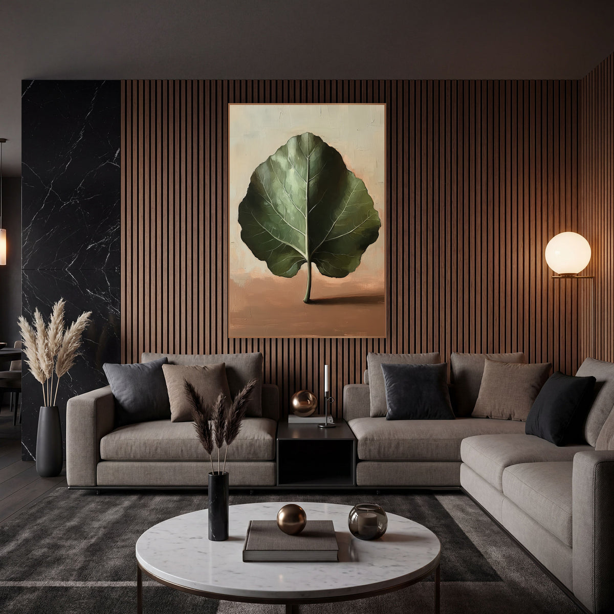 Standing Green Leaf Still Life wall art in an elegant modern room – single large green fig leaf standing upright