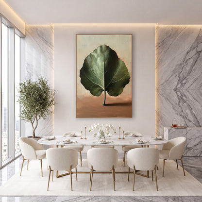 Standing Green Leaf Still Life wall art in an elegant modern room – single large green fig leaf standing upright