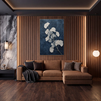 Navy Ginkgo Branch Transitional Botanical wall art in an elegant modern room – ginkgo branch with cream and pale blue