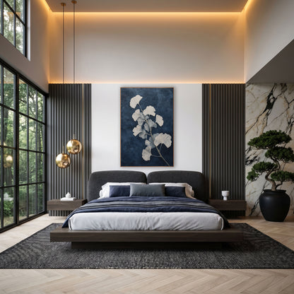 Navy Ginkgo Branch Transitional Botanical wall art in an elegant modern room – ginkgo branch with cream and pale blue