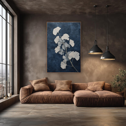 Navy Ginkgo Branch Transitional Botanical wall art in an elegant modern room – ginkgo branch with cream and pale blue