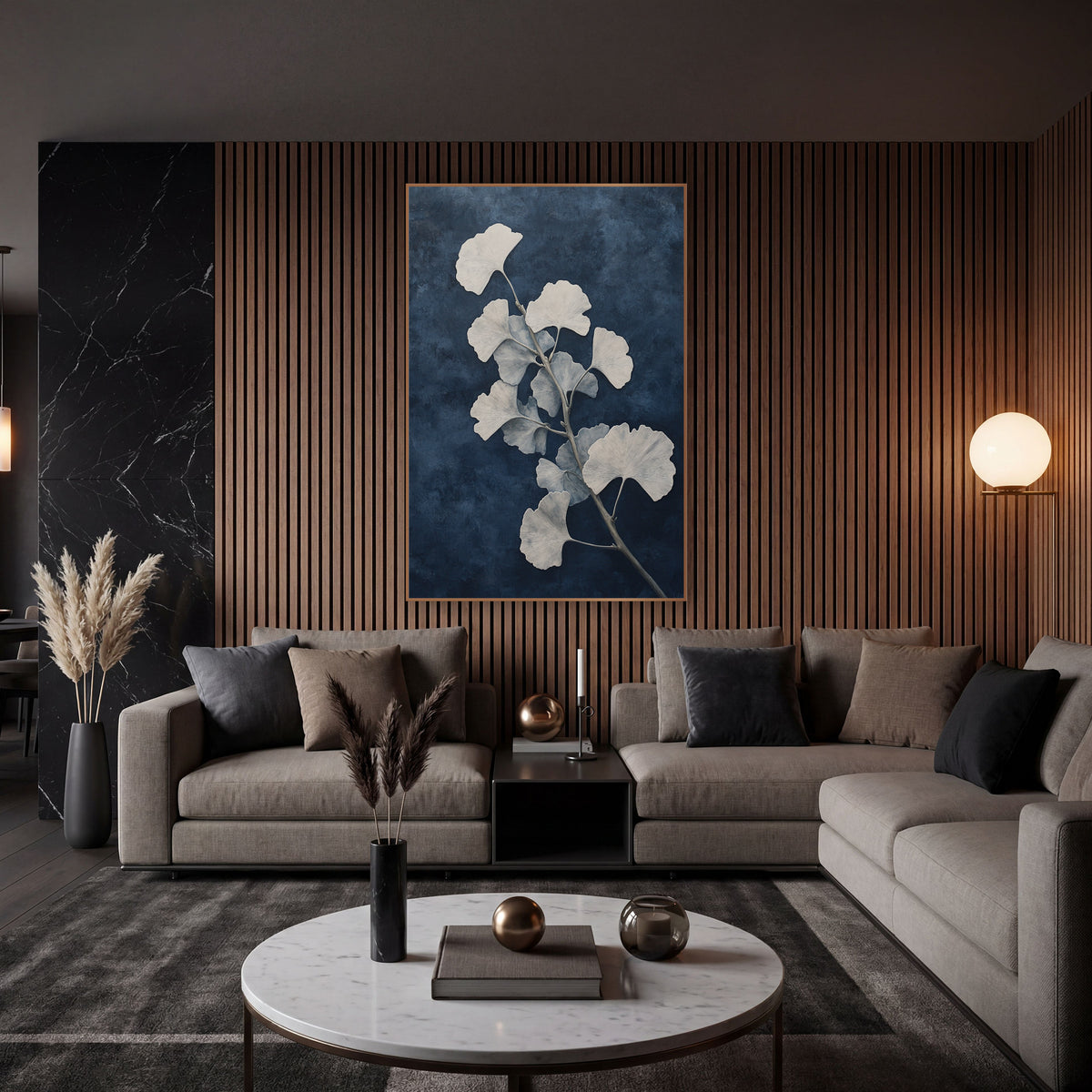 Navy Ginkgo Branch Transitional Botanical wall art in an elegant modern room – ginkgo branch with cream and pale blue