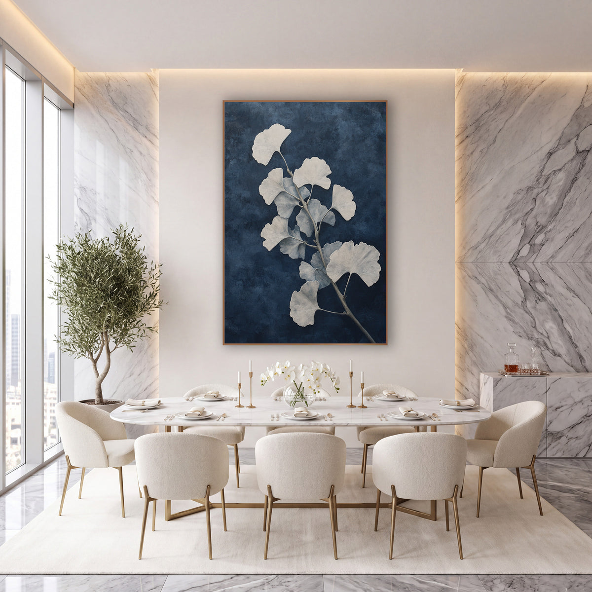Navy Ginkgo Branch Transitional Botanical wall art in an elegant modern room – ginkgo branch with cream and pale blue