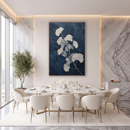 Navy Ginkgo Branch Transitional Botanical wall art in an elegant modern room – ginkgo branch with cream and pale blue
