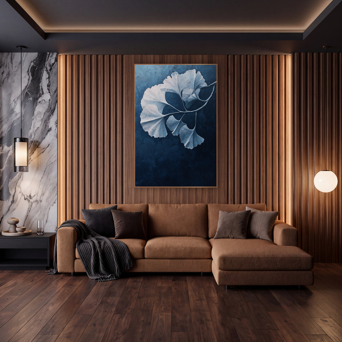 Drooping Ginkgo Bough Midnight Gradient wall art in an elegant modern room – ginkgo branch with pale blue and white