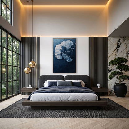 Drooping Ginkgo Bough Midnight Gradient wall art in an elegant modern room – ginkgo branch with pale blue and white