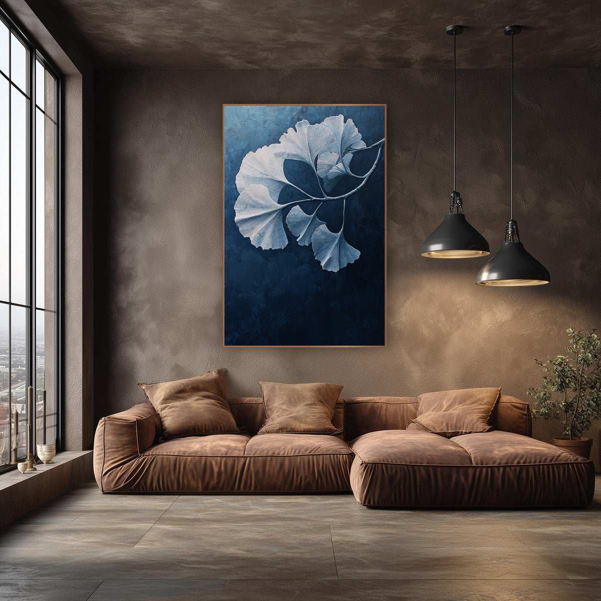 Drooping Ginkgo Bough Midnight Gradient wall art in an elegant modern room – ginkgo branch with pale blue and white