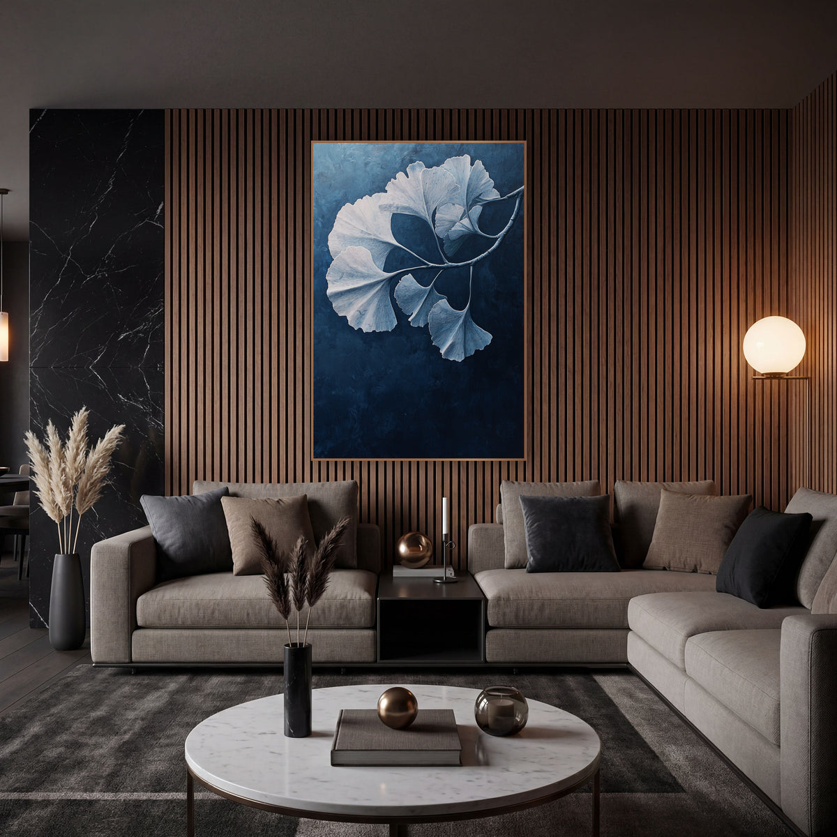 Drooping Ginkgo Bough Midnight Gradient wall art in an elegant modern room – ginkgo branch with pale blue and white