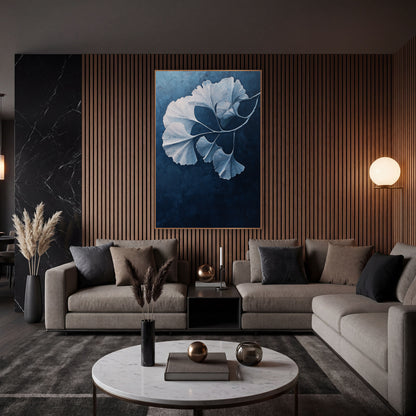 Drooping Ginkgo Bough Midnight Gradient wall art in an elegant modern room – ginkgo branch with pale blue and white