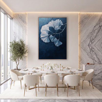 Drooping Ginkgo Bough Midnight Gradient wall art in an elegant modern room – ginkgo branch with pale blue and white