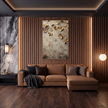 Golden Ginkgo Leaves Neutral Botanical wall art in an elegant modern room – golden ginkgo leaves scattered
