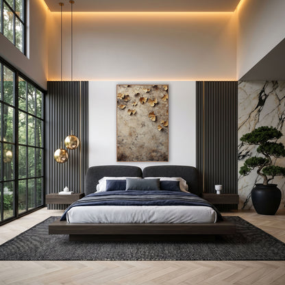Golden Ginkgo Leaves Neutral Botanical wall art in an elegant modern room – golden ginkgo leaves scattered