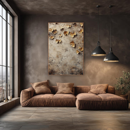 Golden Ginkgo Leaves Neutral Botanical wall art in an elegant modern room – golden ginkgo leaves scattered