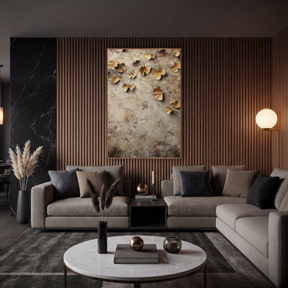 Golden Ginkgo Leaves Neutral Botanical wall art in an elegant modern room – golden ginkgo leaves scattered