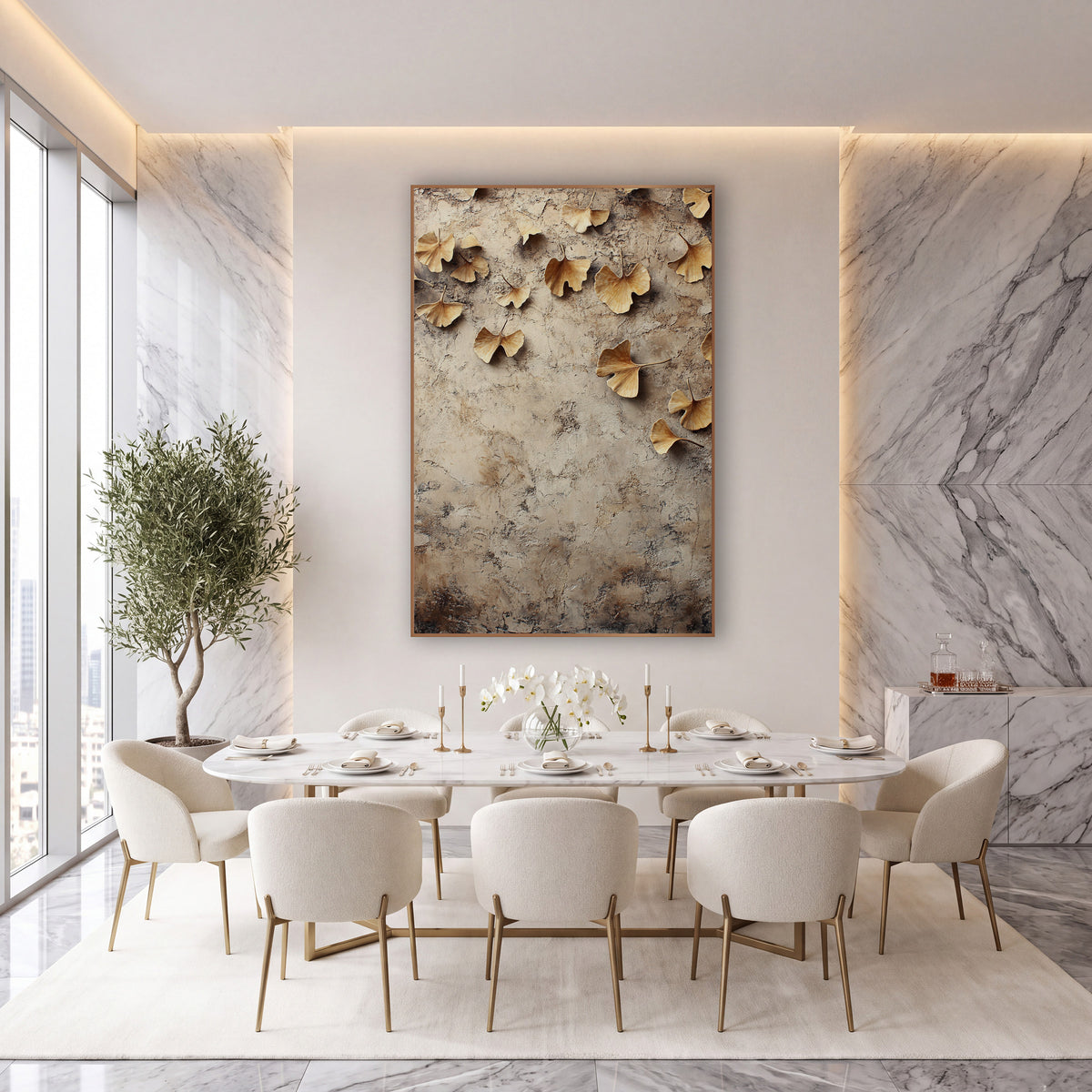 Golden Ginkgo Leaves Neutral Botanical wall art in an elegant modern room – golden ginkgo leaves scattered