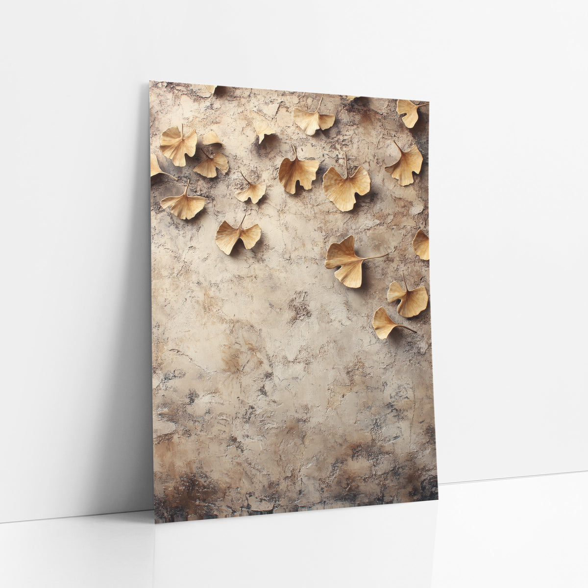 Golden Ginkgo Leaves Neutral Botanical art print leaning against a white wall – golden ginkgo leaves scattered over a cracked